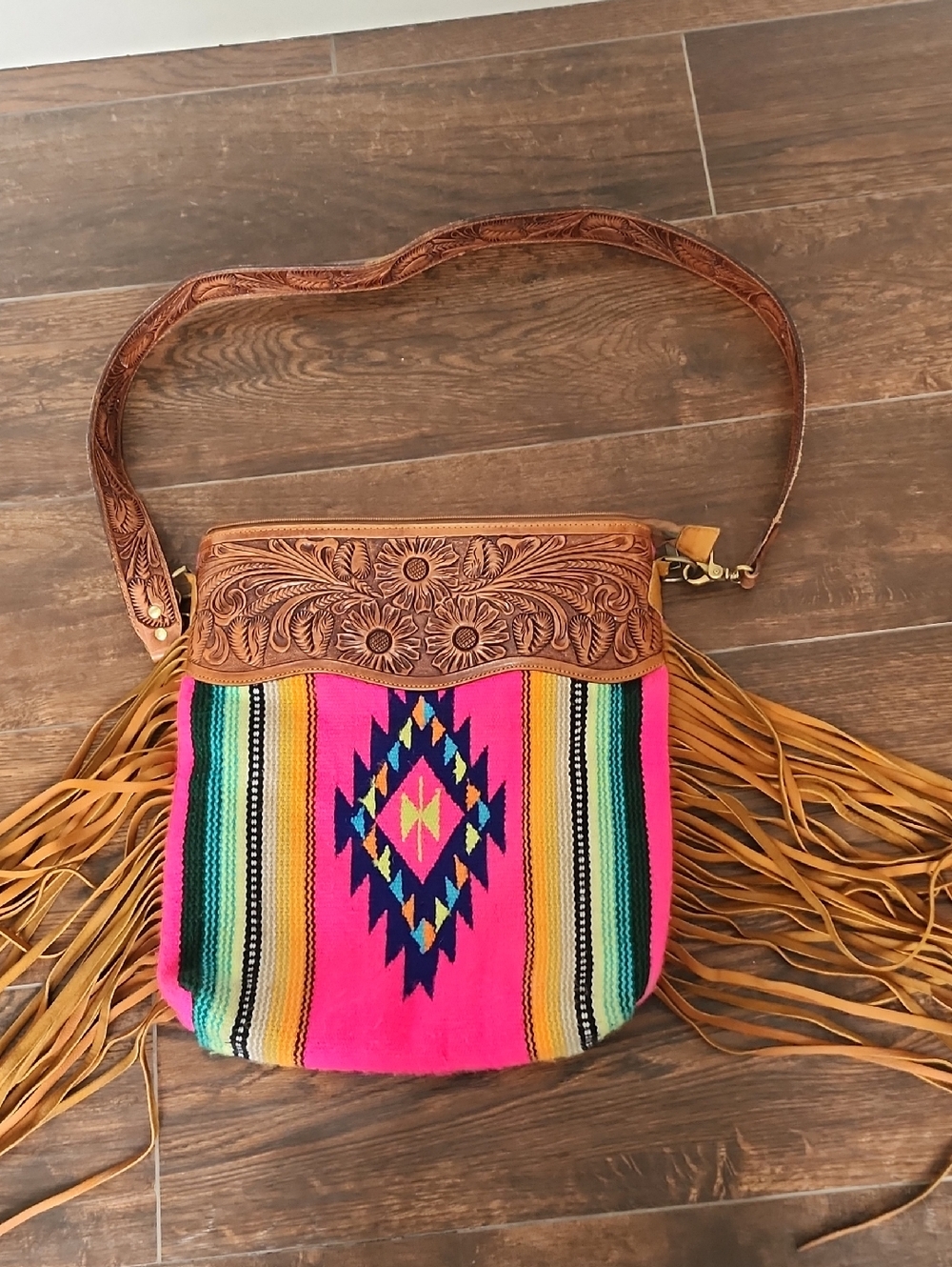 Boho Pink Aztec Fringe Crossbody Bag with Tooled Leather Trim